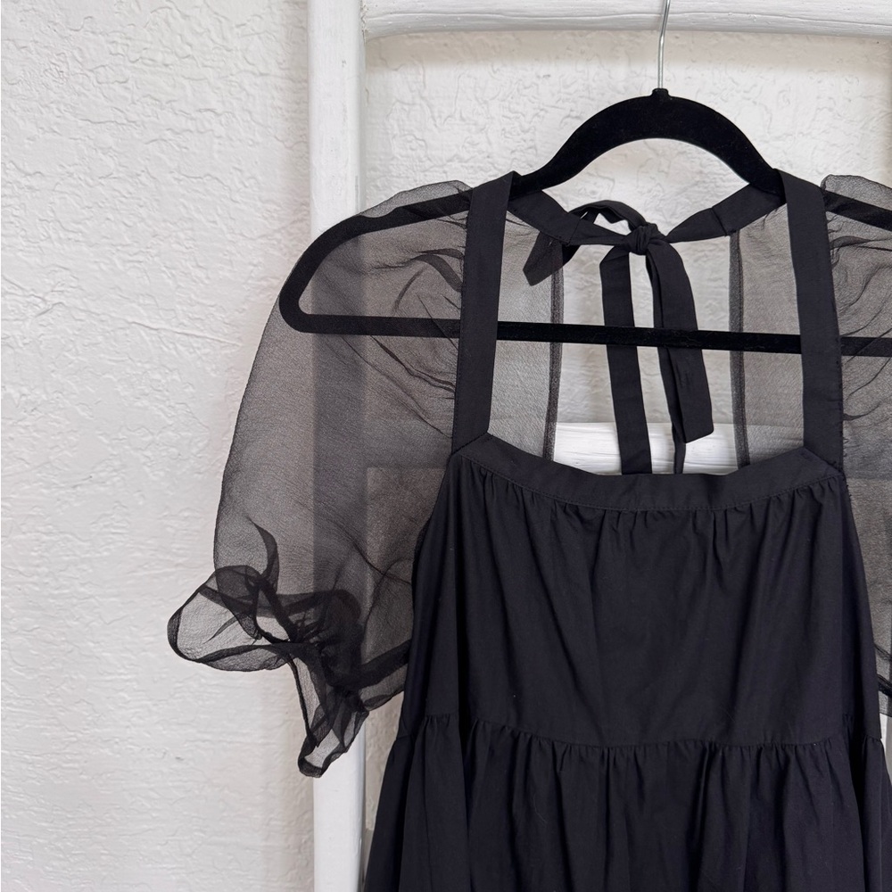 Little Black Open-Back Dress with Mesh Sleeves